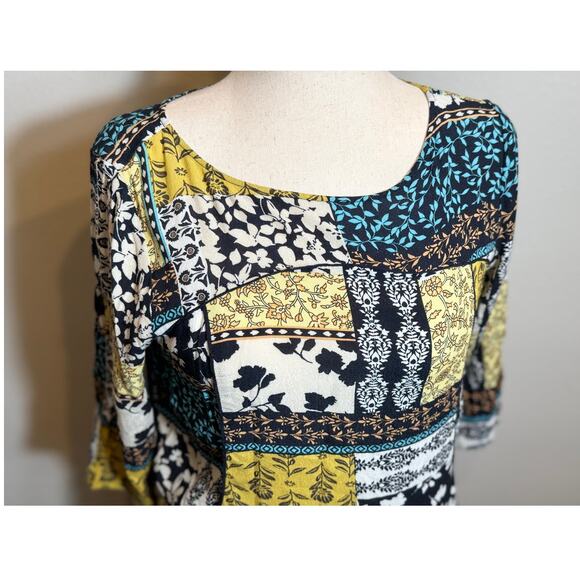 J. Jill blouse mixed floral print 3/4 sleeve top blue white yellow popover Sz S - Picture 2 of 8